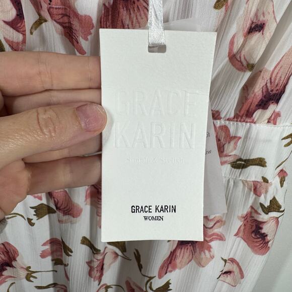 Grace Karin Dress Women S NWT Pink Rose Floral Milkmaid Adj Straps A-line Spring - Picture 2 of 7